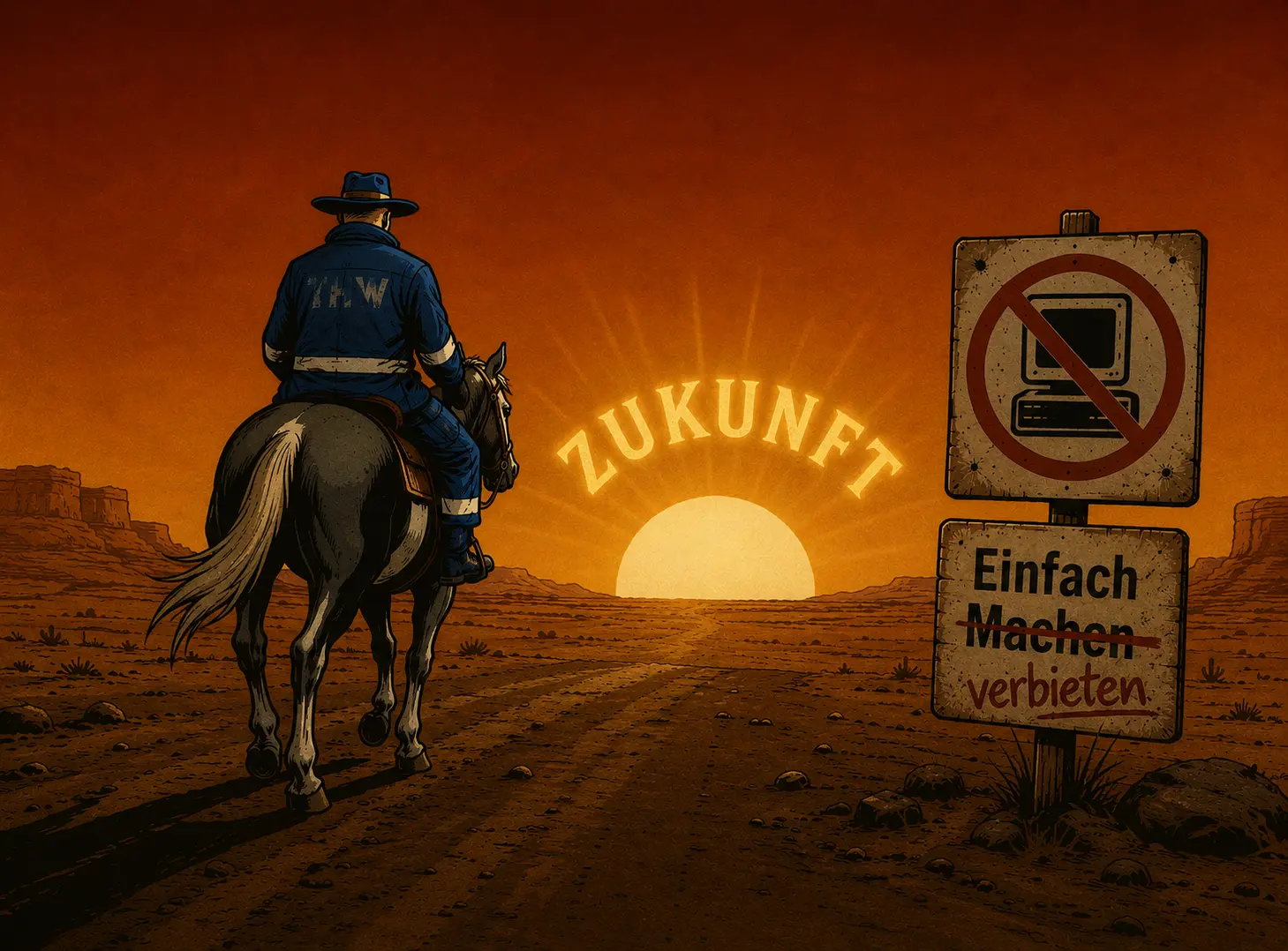 Ein Cowboy in blauer Kleidung mit kaum erkennbarer Schrift 'T H ..' auf dem Rücken, reitet auf einem Pferd in den Sonnenuntergang. Rechts am Weg steht ein Verbotsschild mit einem durchgestrichenen Computer. Darunter der Schriftzug 'Einfach Machen', das 'Machen' wurde durchgestrichen und handschriftlich durch 'verbieten' ersetzt.